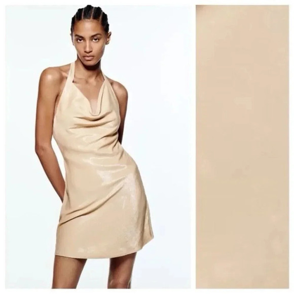 Zara Iridescent Satin Effect Mini Dress Draped Neck Open Back XS Gold Beige Y2K - Picture 1 of 13